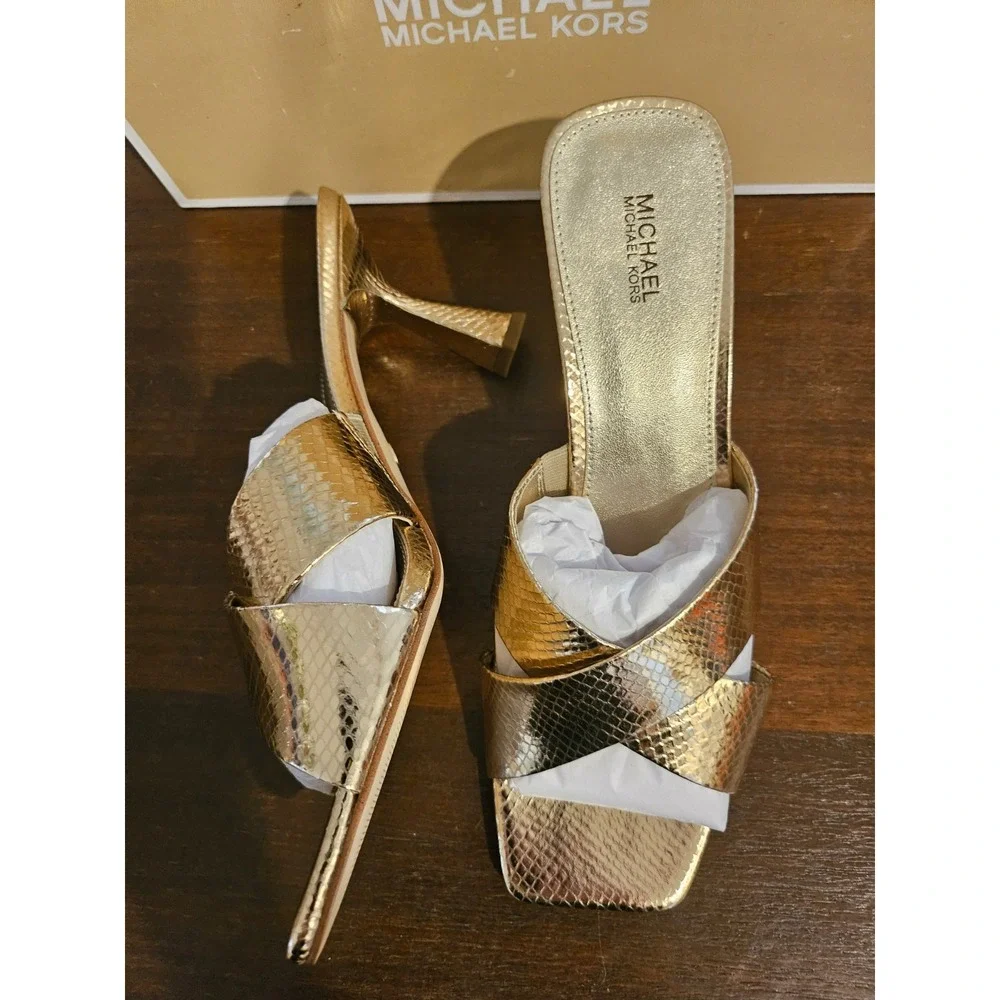 Michael Kors Clara Mule Square toe Sandals Gold Snake Skin leather New in box 10
